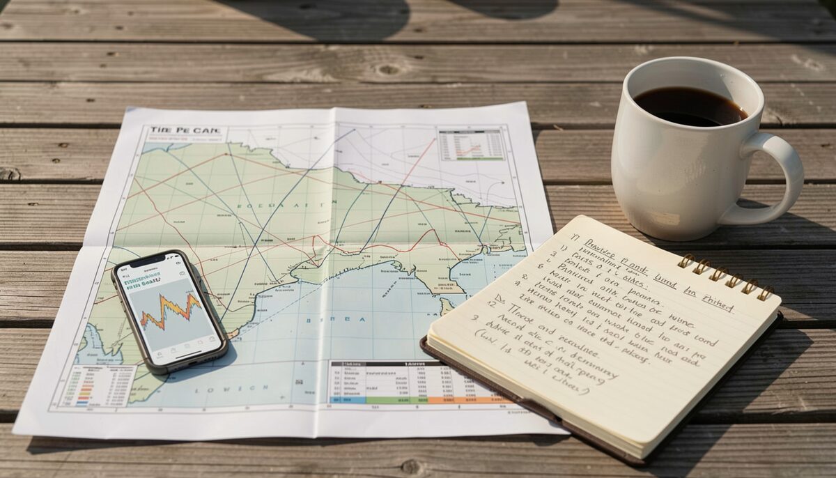 A paper nautical chart spread flat on a dock table beside a phone showing a tide prediction, a hand-written notebook page of wind notes, and a mug, photographed in flat morning light.