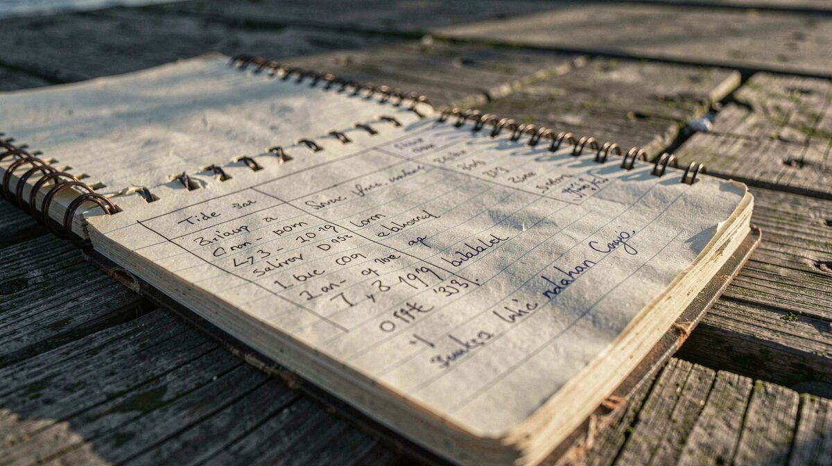A weathered spiral notebook lying open on a wooden dock plank beside a tide table, morning light raking across handwritten columns, close-up at a low angle.