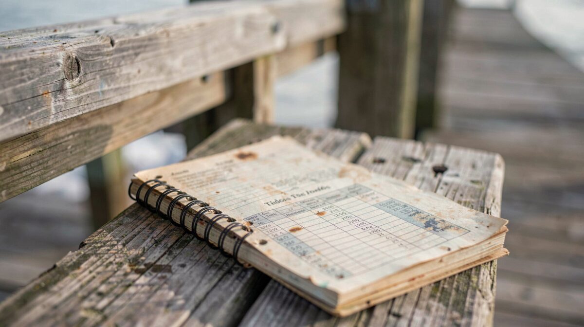A weathered spiral notebook open on a wooden pier railing beside a tide table printout, morning light, shallow depth of field.