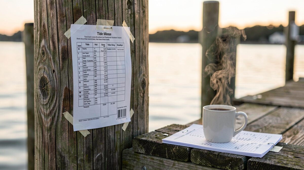 A tide chart taped to a wooden dock post at dawn, a folded checklist and coffee mug beside it on the pilings.