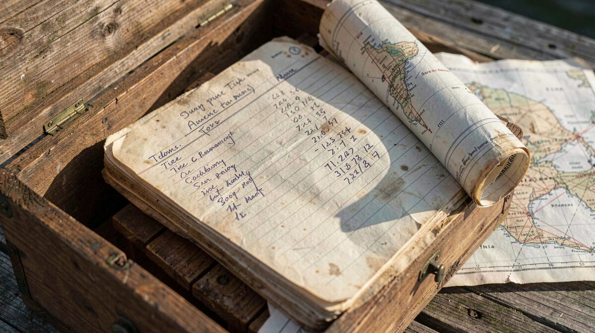 A weathered paper trip log open on a wooden dock box beside a rolled nautical chart, morning light slanting across handwritten tide entries, close framing from above.