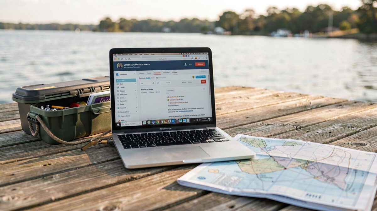A wooden dock table on the Chesapeake Bay at morning light, with a laptop showing a domain lookup page beside a tackle box and a folded nautical chart.
