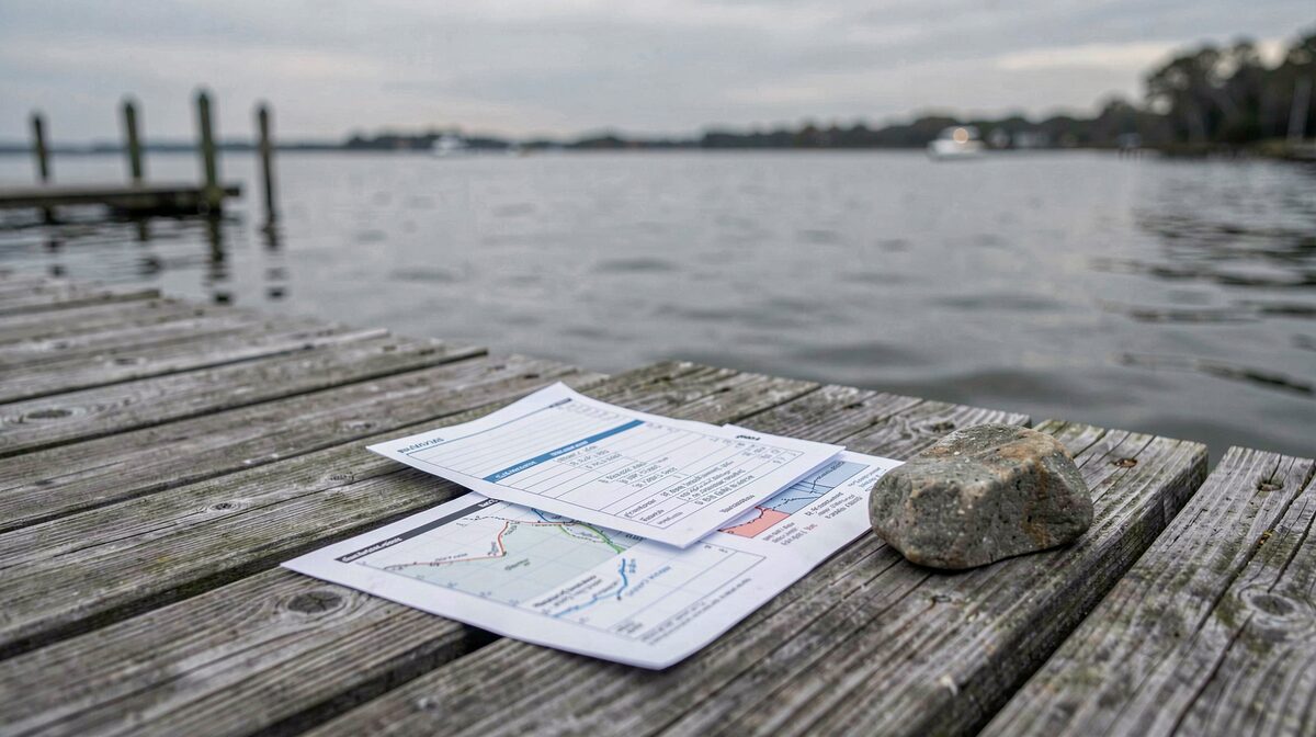A wooden dock on the Chesapeake Bay at early morning, calm gray water, a folded tide chart and a printed checklist weighted by a stone on the dock planks, shot close and level.